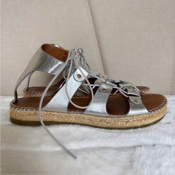CHARLOTTE STONE Silver Metallic Leather Joni Gladiator Espadrille Sandals Sz 10 - Picture 2 of 16